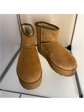 Top Moda Women's Furry Faux Suede Ankle Platform Booties Tan Size 7